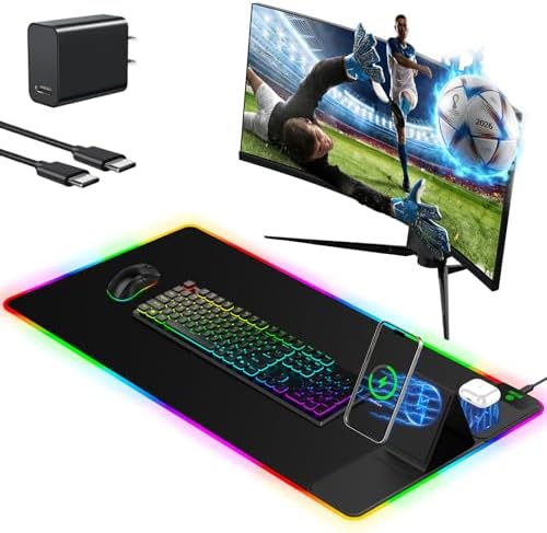 Mouse Pad with Foldable Phone Holder & Wireless Charger, XXL RGB Gaming Mousepad 31.5"x15.8" Large Desk Mat for Keyboard, Black Desk Pad with Dual Qi Charging Station | 11 Colors 5 Modes | Waterproof