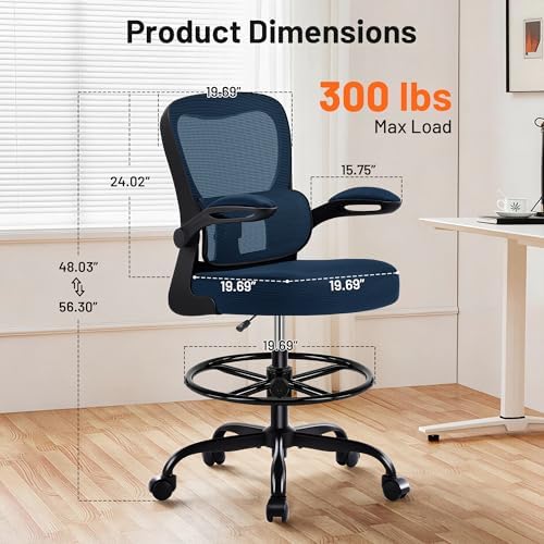 AreShark Drafting Chair - Ergonomic Tall Office Chair with Lumbar Support and Flip-up Armrests - High Standing Desk Chair Breathable Mesh with Adjustable Footrest Ring and Height for Home Office