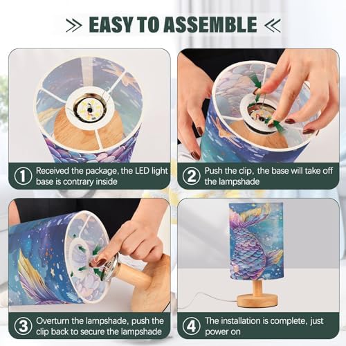 ALAZA Mermaid Starfish Watercolor Decor Bedside Table Lamp with USB Port for Bedroom Nightstand Office Desk LED Bulb Included
