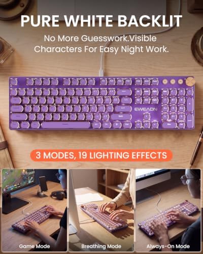 Wired Typewriter Mechanical Keyboard, Retro Punk Keyboard with Media Knob