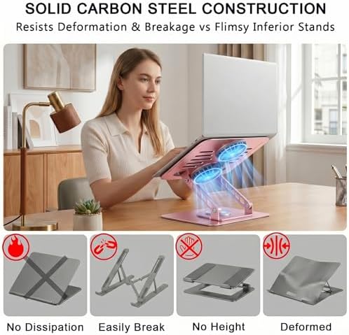 Laptop Stand with Cooling Fan, 360° Rotating Base Aluminum Laptop Riser, Foldable Ergonomic Computer Stand for Desk, Height Adjustable Notebook & All Laptops Up to 17.3" (Pink)