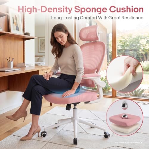 LuxErgo Ergonomic Office Chair, High Back Home Office Chair with 4D Adjustable Headrest & Lumbar Support, 330lbs Capacity Mesh Desk Chairs with Flip-Up Arms, Comfortable Computer Chairs, Pink