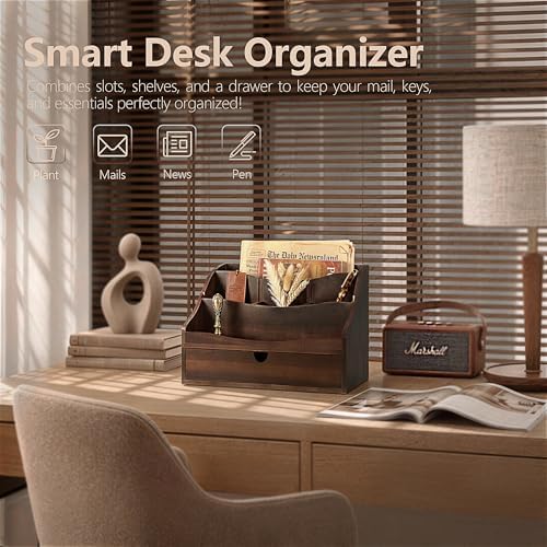 Acacia Wood Mail Organizer: Desktop Organizer for Storage, Dark Brown