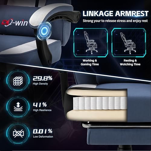 DL-win Video Gaming Chair for Adults, Computer Chair with Footrest and Ergonomic High Back, Big and Tall Gamer Chair with Massage Lumbar Support (Light Blue Fabric)