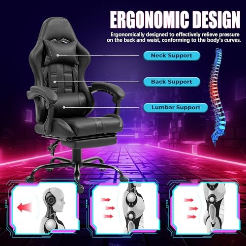 Massage Gaming Chair with Footrest & Lumbar Support, Black