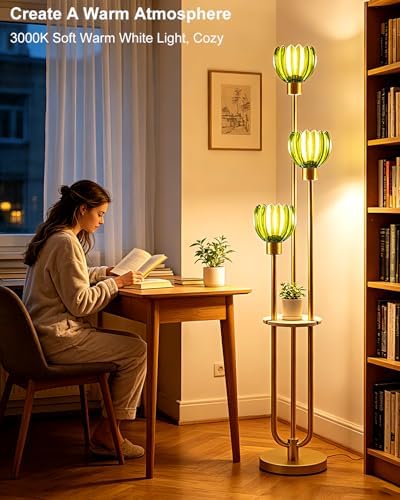 Lightdot Lotus Glass Floor Lamp with Shelf Green Flower Gold Floor Lamps