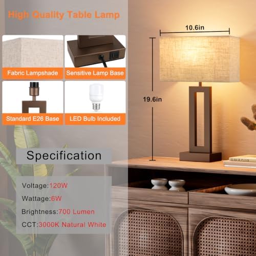 Seealle Bedroom Lamps for Night Stands - Touch Control, 3 Way Dimmable, USB C+A Charging, LED Bulbs, Easy Assembly(Yellow&Coffee)