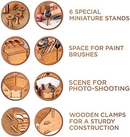 Plydolex Plywood Corner Model Paint Organizer - 32 Bottle & 46 Brush Slots Rack, 3 Shelves, 6 Stands & a Photo-Shooting Scene - Suits Tamiya, Vallejo, Citadel Paints - Works for Warhammer 40K, DnD