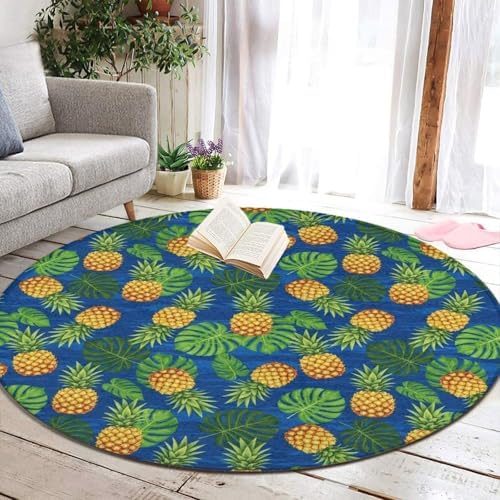 Fashion Round Area Rug Large Non Slip Carpet Unisex Home Decor Mat Tropical Banana Palm Leaves Pineapples, 24inch