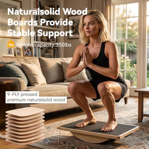 Balance Board, Wobble Board for Adults - Anti-Slip 350LBS Wooden Rocker Board for Core Strength, Stability Training, Standing Desk Exercise, Coordination & Home Gym Workout