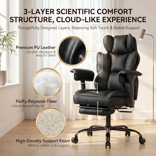 Big and Tall Gaming Office Chair 400lbs - Heavy Duty Ergonomic Computer Desk Chair with Footrest, Adjustable Armrests, High Back PU Leather with Racing Style (Black)