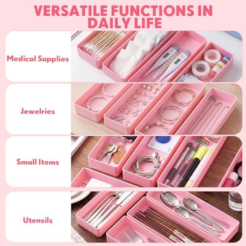Teling 12 Pcs Pink Plastic Desk Drawer Organizer Pen Tray Shallow