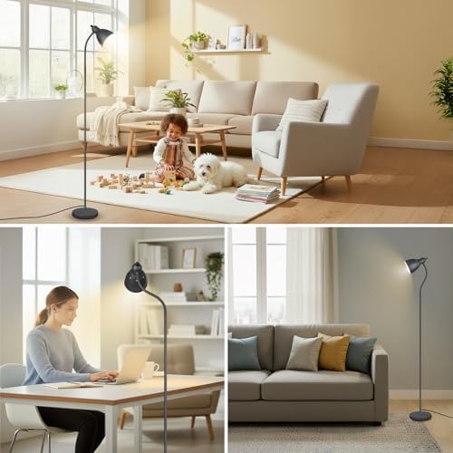 Floor Lamp, Industrial Floor Lamps for Living Rooms & Bedrooms - Rustic Farmhouse Reading Lamp Standing, Adjustable Metal Heads Indoor Task Lighting for Living Room Office Home Décor (All Duck Black)