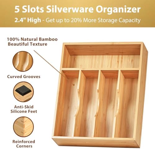 Umilife Bamboo Kitchen Drawer Organizer, 11 Inch Silverware Utensils Tray Holder with Grooved Dividers, 2.4" High Wood Caddy for Flatware Cutlery Knives