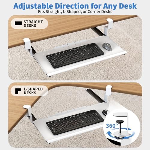 Keyboard Tray Under Desk - Full Metal Slide Out Holder, Rust-Resistant & Scratch-Proof, Double C-Clamps, 26x13" Tray for L Shape/Regular Desks, Standing/Sitting Workstation(White-A)