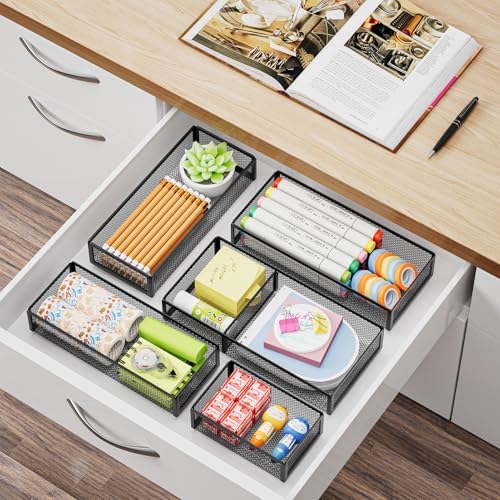 Marbrasse 5 Pack Desk Drawer Organizer Set, Mesh Drawer Storage Trays with 1 Adjustable Divider, Desk Organizers and Accessories, 5 PCS Drawer for Office Supplies, Makeup & Vanity (Black)