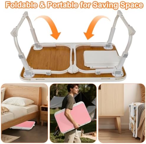 Laptop Desk for Bed, Adjustable Height Laptop Bed Table, Foldable Lap Desk with USB Charge Port, Desktop Card Slot, Side Drawer, Book Shelf, Portable Lap Tray for Eating Reading Working Sofa & Floor