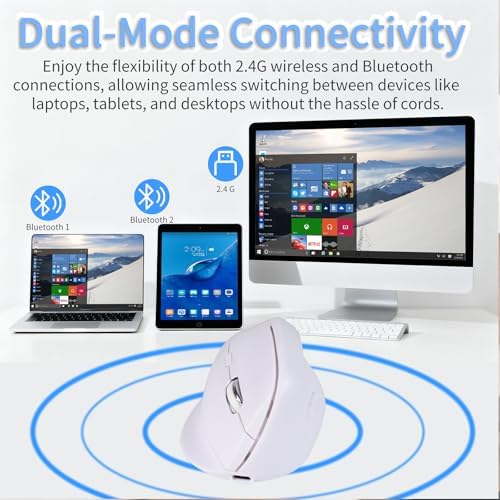 Bluetooth Wireless Vertical Mouse - Ergonomic Design, Rechargeable with Type-C, Silent Operation for Office and Home Use, Ideal for Professionals & Students (White)