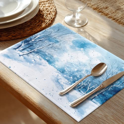 Shrahala Watercolor Winter Landscape Set of 8 12 X 18 Inch Linen Placemats, Blue Snow Fir Snowy Land Burlap Table Mat Washable Double Layered Heat Insulation for Indoor