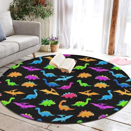 Large Machine Washable Circular Rugs, Home Decor Round Mat for Living Room Sofa Office Cute Dinosaurs, 36inch