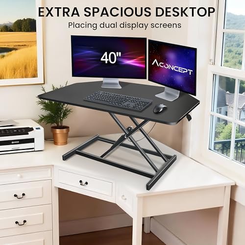 Aconcept 40 inch Black Corner Height Adjustable Standing Desk Converter, One-Click Sit to Stand up Desk Riser, Pre-Assembled for Dual Monitor and Laptop Workstation