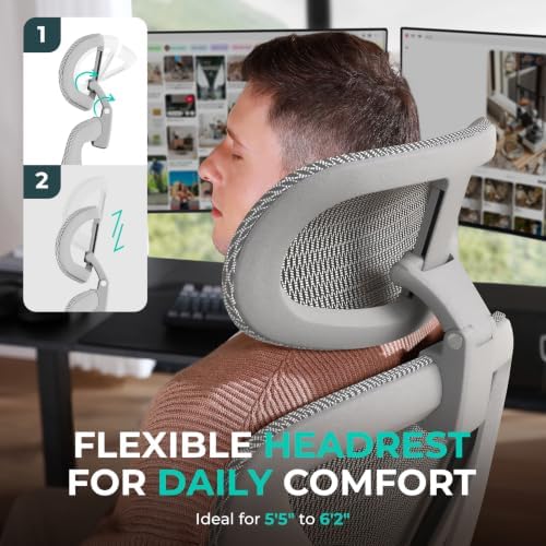 CAPOT Ergonomic Office Chair 400lbs Mesh Seat, High Back Adjustable Lumbar, 90/110/125°Backrest Lock, Flip-up Armrests, 3D Headrest, Computer Desk Gaming Chair with PU Wheels - Gray