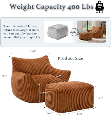 Gericco Oversized Bean Bag Chaise Lounge Chair with Ottoman for Adults