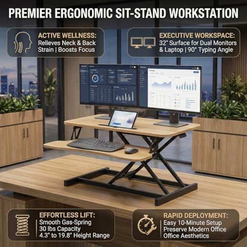 Standing Desk Converter 32" - Sit to Stand Desk Converter for Dual Monitors - Height Adjustable Desk Riser for Standing - Home Office & Corporate Use - Relieve Back Pain (Natural)