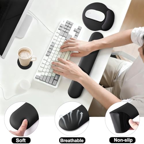 Keyboard Wrist Rest Mouse Pad with Wrist Support, Gaming Mousepad with Non-Slip Base, Ergonomic Mouse Wrist Arm Cushion Support for Home Office Laptop Computer, Easy Typing for Pain Relief, Black
