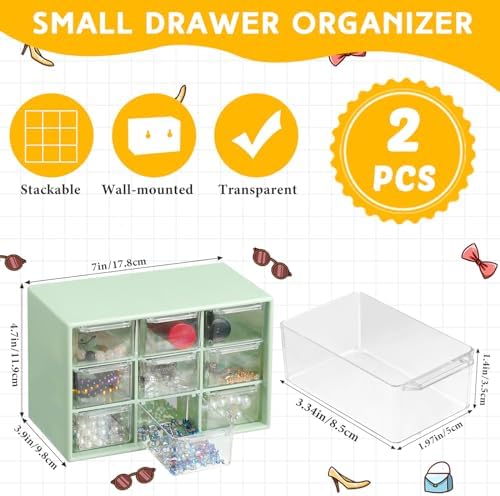 Wenqik 2 Pcs Mini Storage Drawers with 9 Clear Drawers, Green