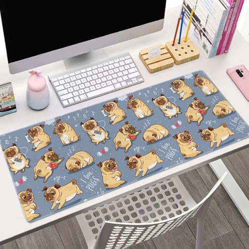 Gaming Mouse Pad Large,Cartoon Pug Pupies Mouse Pad Gaming Mouse Mat Desk Pad,31.5 x 11.8 Desk Mat Mouse Pads for Desk,Extended Keyboard Mousepad with Non-Slip Base and Stitched Edge