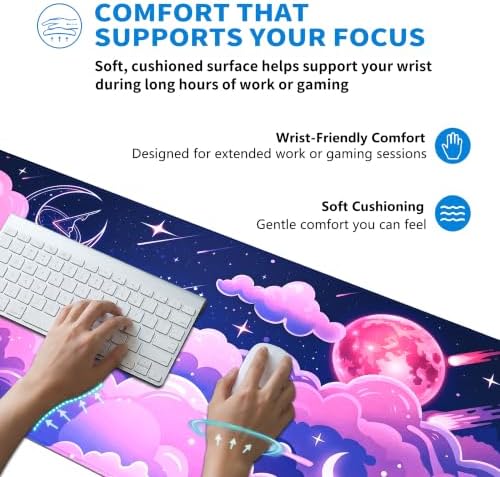 Extended Cute Kawaii Desk Mat, XL Large Gaming Mouse Pad, Pink Galaxy Cloud Moon Stitched Edges Waterproof with Non-Slip Rubber Base for Computer Keyboard Laptop Work Home Office 31.5"x11.8"
