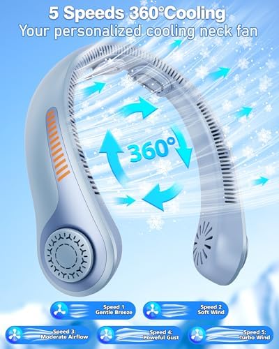 Portable Neck Fan - Rechargeable Personal Fan with Neck Support, 5000mAh, 5-Speed Quiet, Lightweight Long Lasting Bladeless Fan, Wearable Cooling Fan for Hot Flashes, Travel, Gifts for Men Women