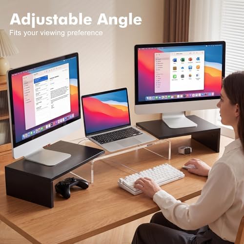 Dual Monitor Riser, Acrylic Monitor Riser, Adjustable Angle & Length Computer Monitor Stand, Wide Desk Shelf for Top of Desk for Home Office_Black Maple Look Small