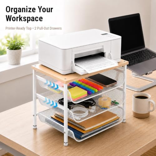 4-Tier Printer Stand with Storage for Desk, Wood Top, White