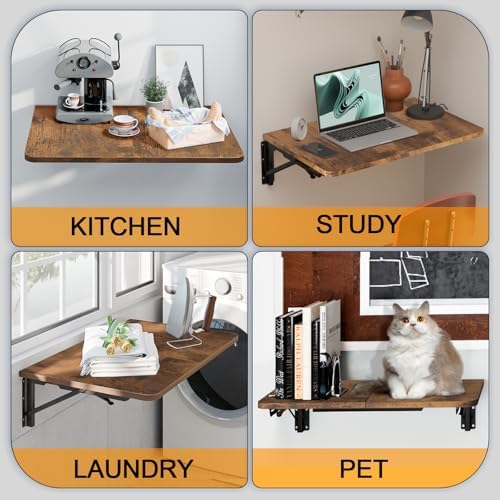 TEAMIX Wall Mounted Folding Table for Small Spaces, Rustic Floating Desk
