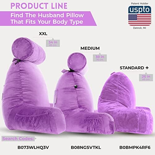 Husband Pillow Medium Reading Pillow with Arms - 23" Backrest for Sitting Up in Bed - Firm Support Bed Rest Pillow for Adults, Neck Roll, Removable Cover - TV, Reading, Lounging - Light Purple
