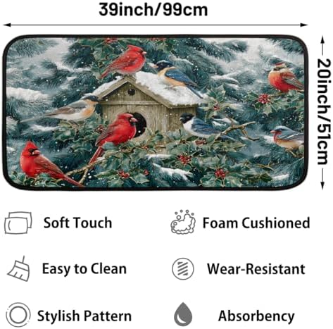 Christmas Door Mat Kitchen Mats, Christmas Winter Cardinal Holly Door Rugs, Cushioned Anti Fatigue Absorbent Kitchen Rug, Non-Slip Standing Desk Mat, Front Door Rug for Floor, Office, Sink, 20"×39"