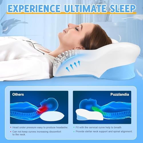 Cervical Neck Pillows with Memory Foam - Ergonomic Neck Support Pillows for Pain Relief Contour Memory Foam - Adjustable Orthopedic Bed Pillows with Cooling Breathable Pillowcase for Sleeping - Blue
