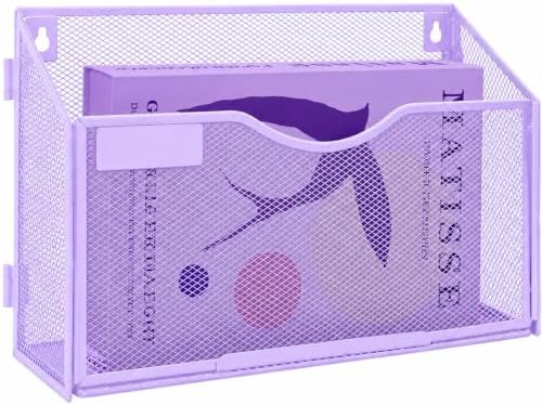 1 Pocket Mesh Wall File Holder Organizer Office Hanging File Folder Magazine Rack, Nametag Label Hooks Set Included (Purple)