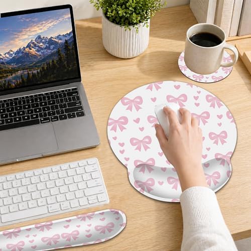 Cute Bow Wrist Rest Mouse Pad and Keyboard Support Set,Pink Heart 3 in 1 Ergonomic Memory Foam Mousepad with Non Slip Base, Gaming Mouse Pad for Office and Home