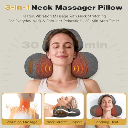 3-in-1 Neck Massager Pillow for Pain Relief, Neck Massager with Heat and Cervical Traction, Deep Tissue Massage Pillow for Shoulder & Back Comfort, Ergonomic Design for Men and Women (Deep Gray)