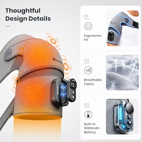 Triple Method Shoulder Massager with Heat, Vibration and Brace Support, 5000mAh Cordless Shoulder Heating Pad with Magnetic Controller, Shoulder Wrap for Muscle Relief (Light Grey)