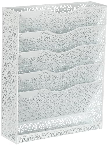 EasyPAG Desk File Organizer Heavy Duty Metal Wall Mount File Holder 5 Tier Mail Paper Folder Holder with Bottom Tray for Office Home Cubicle Countertop, White