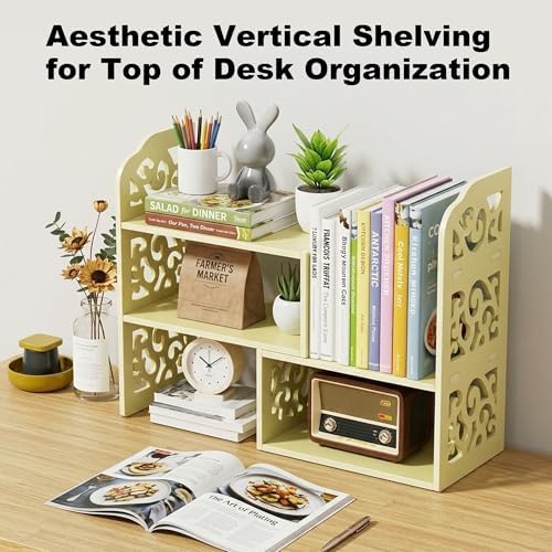 YGYQZ Adjustable Desktop Shelf Organizer, 3-Tier Desk Shelf, Beige Pattern