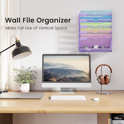 Hanging Wall File Organizer, Desk Organizer with Metal Mesh, 6-Tier