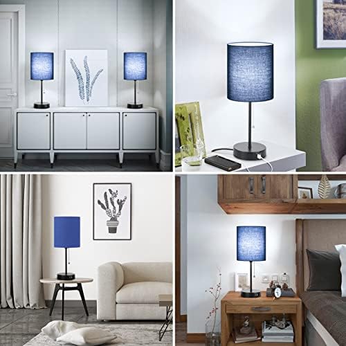 Bedside Table Lamps Set of 2 with USB Charging Ports and AC Outlet, Blue