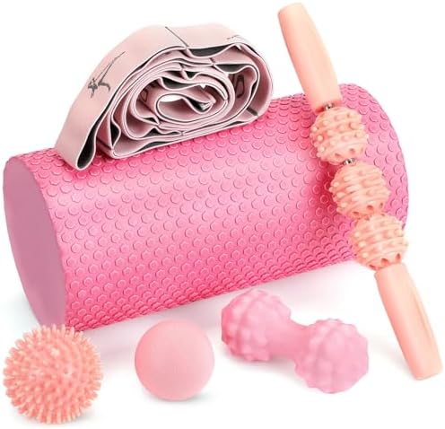 Seenelling 6 Pcs Muscle Foam Roller Set Massage Ball Stick Strap, Pink