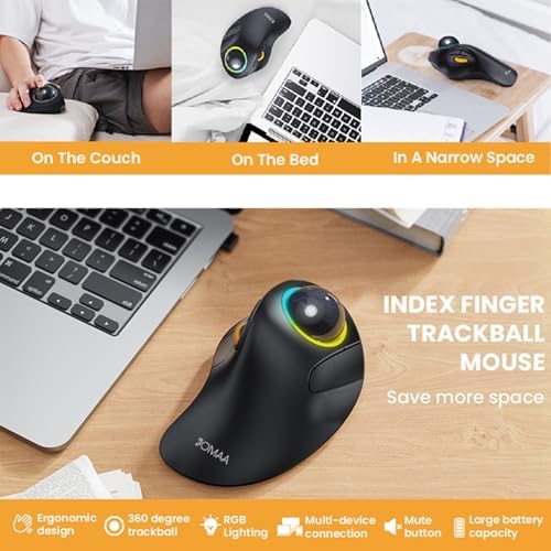JOMAA Wireless Bluetooth Computer Trackball Mouse with RGB Backlight,Finger Control, 3 Device Switch, Silent Rechargeable Ergonomic Drawing Office Mouse for Laptop, Desktop Computer, Tablet Phone