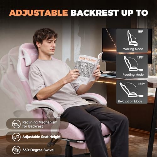 GTPLAYER Gaming Chair with Footrest, Ergonomic Office Chair 400lbs Heavy Duty, Big and Tall Computer Desk Chair with Lumbar Support and Headrest, Breathable Linen Fabric, 90-155° Recline Pink